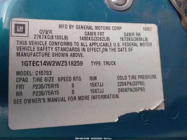 Продаж на аукціоні авто 1998 Gmc Sierra 1500 Sl Wideside, vin: 1GTEC14W2WZ518259, номер лоту: 44310196
