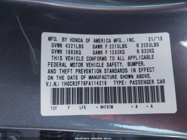 1HGCR2F76FA114219 Honda ACCORD EX