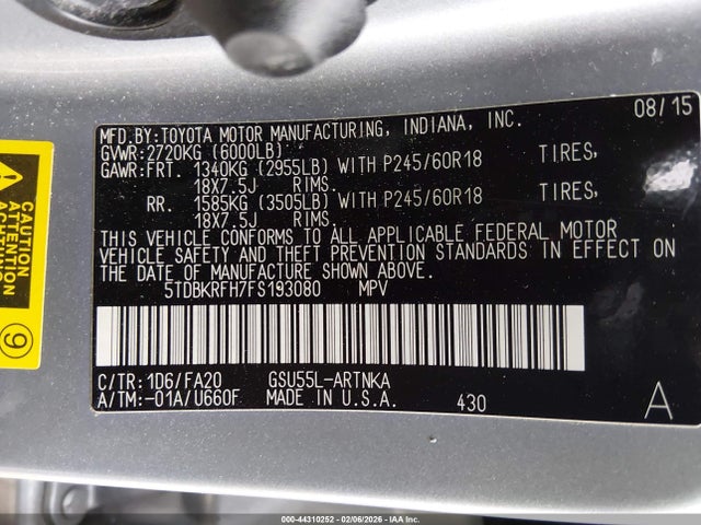Toyota Highlander Le Plus V6 2015 5TDBKRFH7FS193080 Image 9
