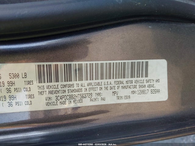44310268 :رقم المزاد ، 3C4PDCBB2HT563729 vin ، 2017 Dodge Journey Sxt مزاد بيع