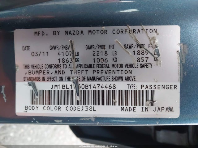 Aukcja sprzedaży 2011 Mazda Mazda3 S Sport, vin: JM1BL1K60B1474468, numer aukcji: 44310279