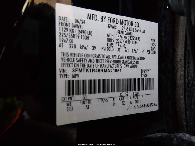 2024 Ford Mustang Mach-e Select მანქანა იყიდება აუქციონზე, vin: 3FMTK1R48RMA21851, აუქციონის ნომერი: 44310284