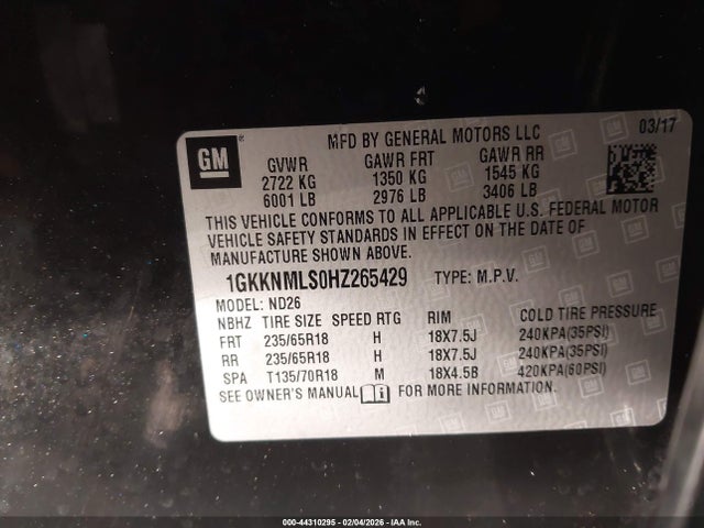 44310295 :رقم المزاد ، 1GKKNMLS0HZ265429 vin ، 2017 Gmc Acadia Slt-1 مزاد بيع