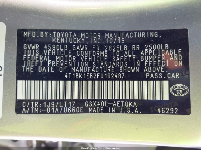 4T1BK1EB2FU192487 Toyota Avalon Xle Touring