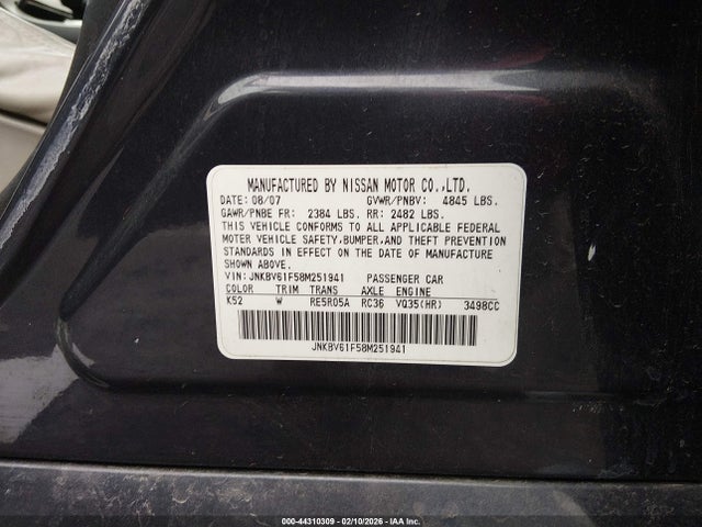 44310309 :رقم المزاد ، JNKBV61F58M251941 vin ، 2008 Infiniti G35x مزاد بيع