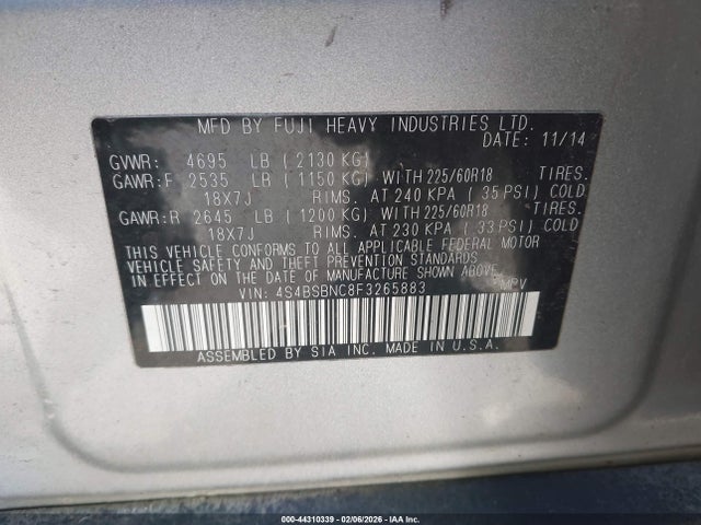 Subaru Outback 2.5i Limited 2015 4S4BSBNC8F3265883 Image 9