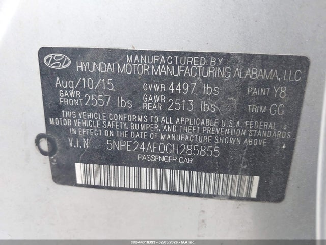Aukcja sprzedaży 2016 Hyundai Sonata Se, vin: 5NPE24AF0GH285855, numer aukcji: 44310393