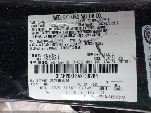 2010 FORD FUSION 3FAHP0KC8AR138284 Photo 8