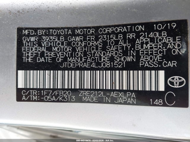 Продажа на аукционе авто 2020 Toyota Corolla Le, vin: JTDEPRAE4LJ081521, номер лота: 44310478