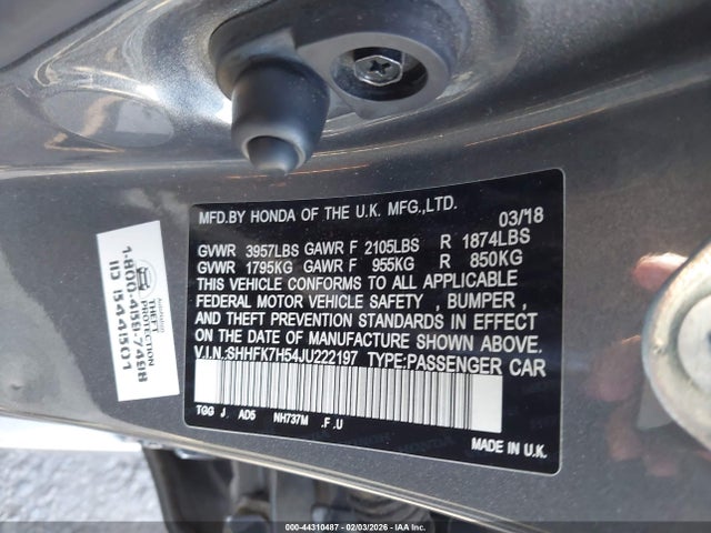 Honda CIVIC EX 2018 SHHFK7H54JU222197 Image 9