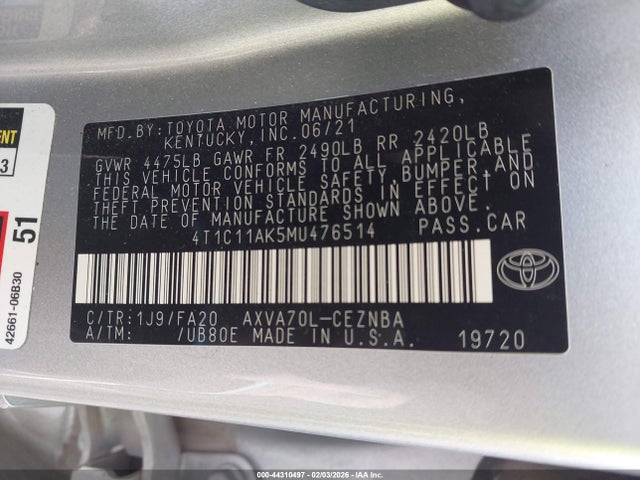 4T1C11AK5MU476514 Toyota CAMRY LE