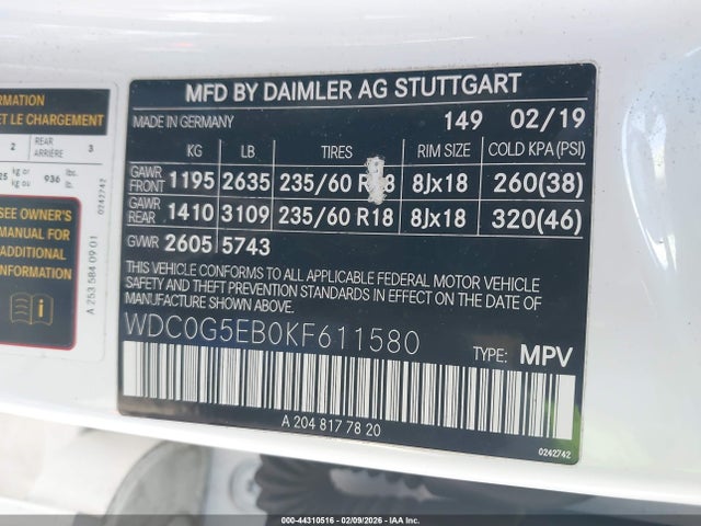 Aukcja sprzedaży 2019 Mercedes-benz Glc 350e 4matic, vin: WDC0G5EB0KF611580, numer aukcji: 44310516