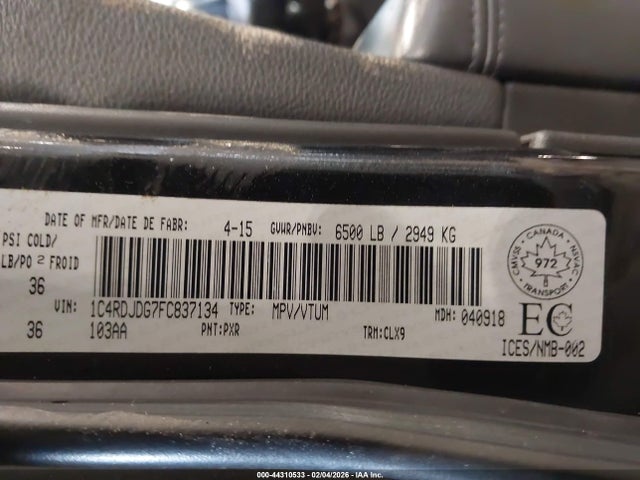 44310533 :رقم المزاد ، 1C4RDJDG7FC837134 vin ، 2015 Dodge Durango Limited مزاد بيع