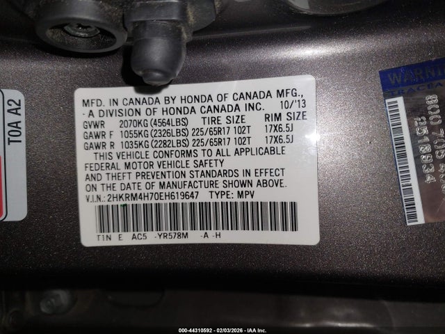 2HKRM4H70EH619647 Honda Cr-v Ex-l