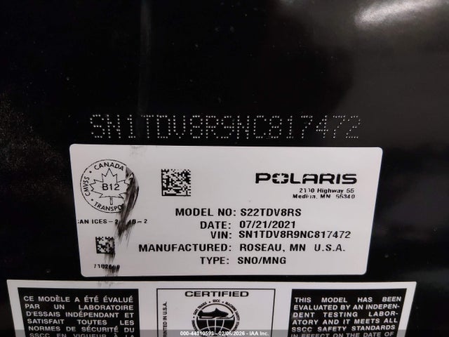 SN1TDV8R9NC817472 Polaris Indy 850 Xc