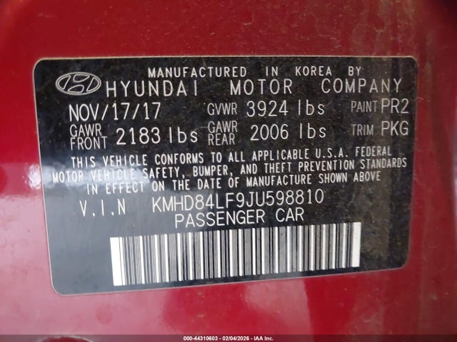 KMHD84LF9JU598810 Hyundai ELANTRA SEL