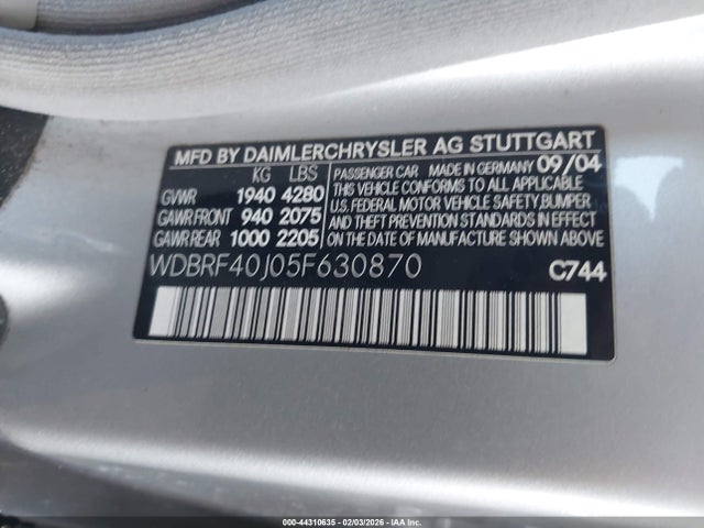 44310635 :رقم المزاد ، WDBRF40J05F630870 vin ، 2005 Mercedes-benz C 230 Kompressor Sport مزاد بيع