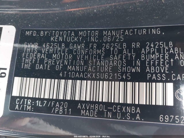 44310675 :رقم المزاد ، 4T1DAACKXSU621545 vin ، 2025 Toyota Camry Le مزاد بيع