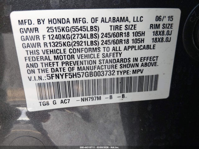 5FNYF5H57GB003732 Honda Pilot Ex-l