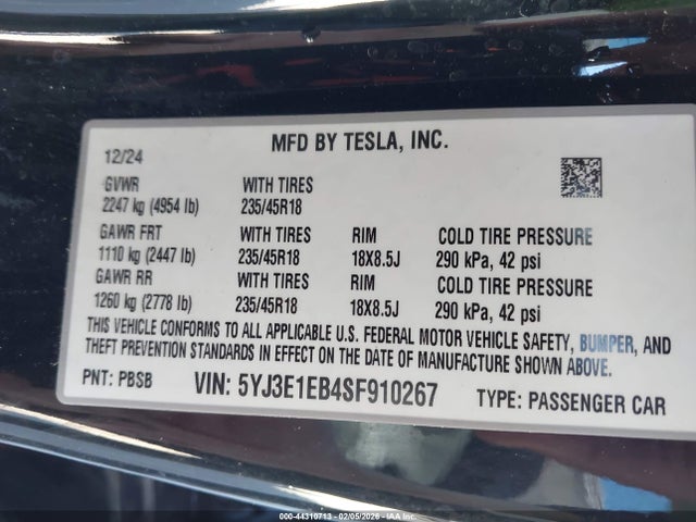Продаж на аукціоні авто 2025 Tesla Model 3 Long Range All-wheel Drive, vin: 5YJ3E1EB4SF910267, номер лоту: 44310713