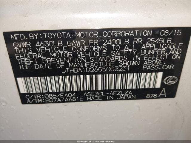 Aukcja sprzedaży 2016 Lexus Is 200t, vin: JTHBA1D26G5003231, numer aukcji: 44310719