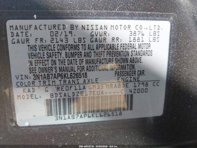 3N1AB7AP6KL626518 Nissan SENTRA SV