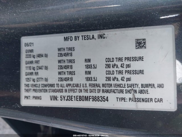 Aukcja sprzedaży 2021 Tesla Model 3 Long Range Dual Motor All-wheel Drive, vin: 5YJ3E1EB0MF988354, numer aukcji: 44310743