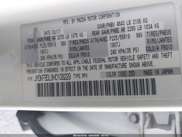 44310745 :رقم المزاد ، JM3KFBDL8H0108229 vin ، 2017 Mazda Cx-5 Grand Touring مزاد بيع