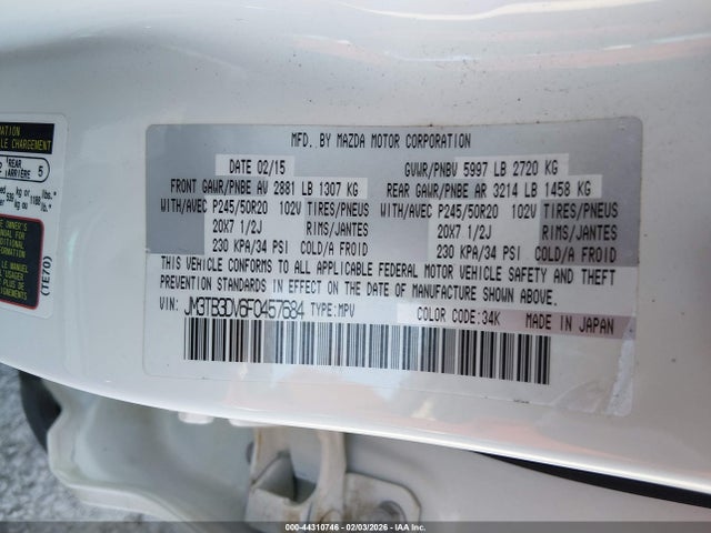 44310746 :رقم المزاد ، JM3TB3DV6F0457684 vin ، 2015 Mazda Cx-9 Grand Touring مزاد بيع