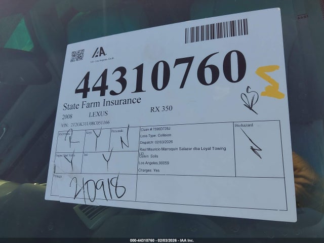 Aukcja sprzedaży 2008 Lexus Rx 350, vin: 2T2GK31U08C051166, numer aukcji: 44310760