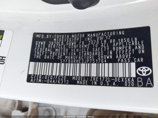 5YFBURHE3JP751764 Toyota COROLLA SE