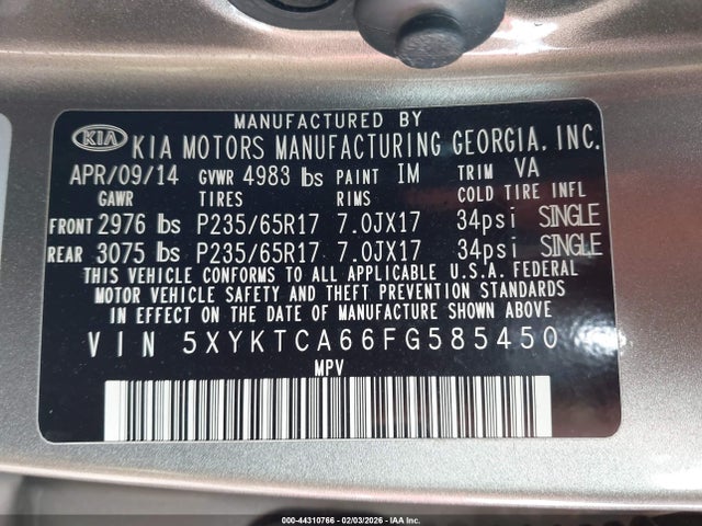 5XYKTCA66FG585450 KIA SORENTO LX