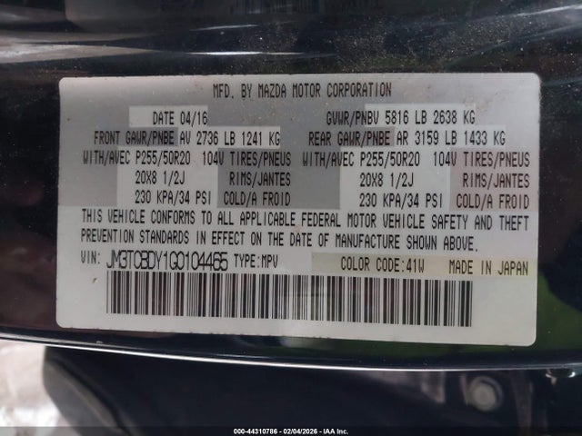 Aukcja sprzedaży 2016 Mazda Cx-9 Grand Touring, vin: JM3TCBDY1G0104465, numer aukcji: 44310786