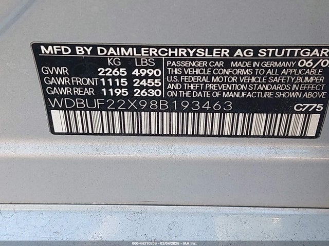 2008 Mercedes-benz E 320 Bluetec მანქანა იყიდება აუქციონზე, vin: WDBUF22X98B193463, აუქციონის ნომერი: 44310809