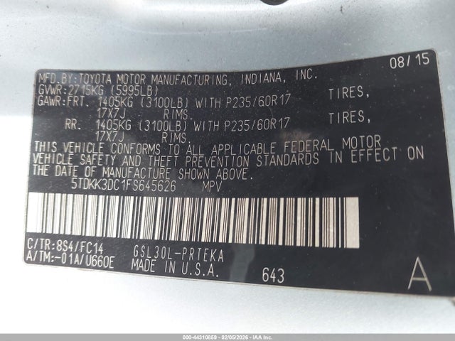 5TDKK3DC1FS645626 Toyota Sienna Le 8 Passenger