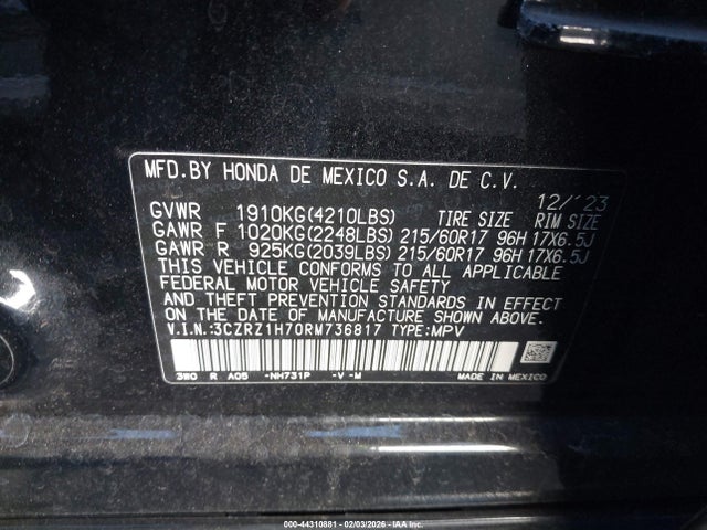 3CZRZ1H70RM736817 Honda Hr-v 2wd Ex-l/2wd Ex-l W/o Bsi