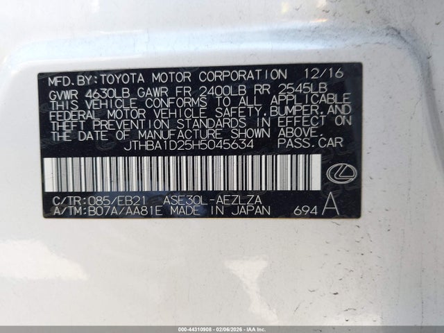 44310908 :رقم المزاد ، JTHBA1D25H5045634 vin ، 2017 Lexus Is 200t مزاد بيع