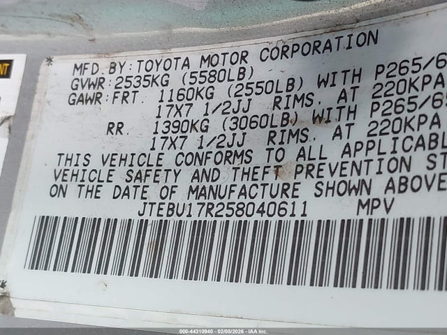 Продаж на аукціоні авто 2005 Toyota 4runner Limited V6, vin: JTEBU17R258040611, номер лоту: 44310940
