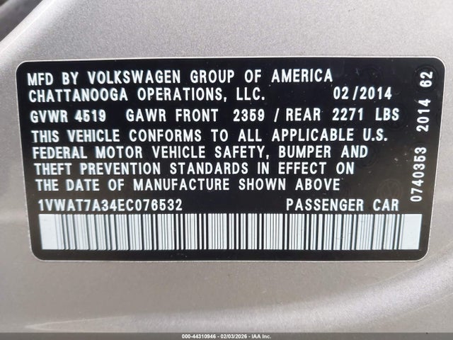 1VWAT7A34EC076532 Volkswagen Passat 1.8t Wolfsburg Edition