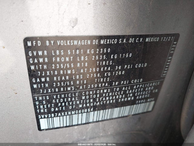 3VV3B7AXXNM060854 Volkswagen Tiguan 2.0t Se