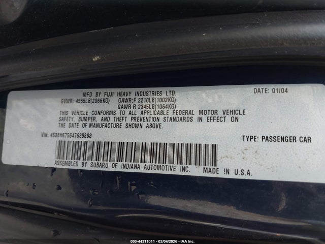2004 Subaru Outback მანქანა იყიდება აუქციონზე, vin: 4S3BH675647639888, აუქციონის ნომერი: 44311011