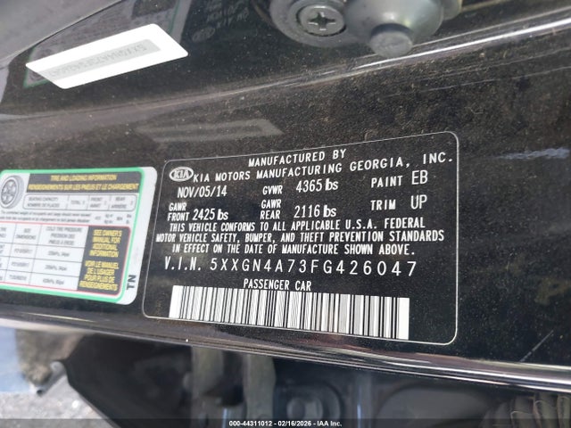 Продажа на аукционе авто 2015 Kia Optima Ex, vin: 5XXGN4A73FG426047, номер лота: 44311012