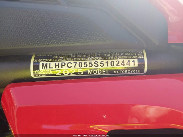44311027 :رقم المزاد ، MLHPC7055S5102441 vin ، 2025 Honda Cbr500 Ra مزاد بيع