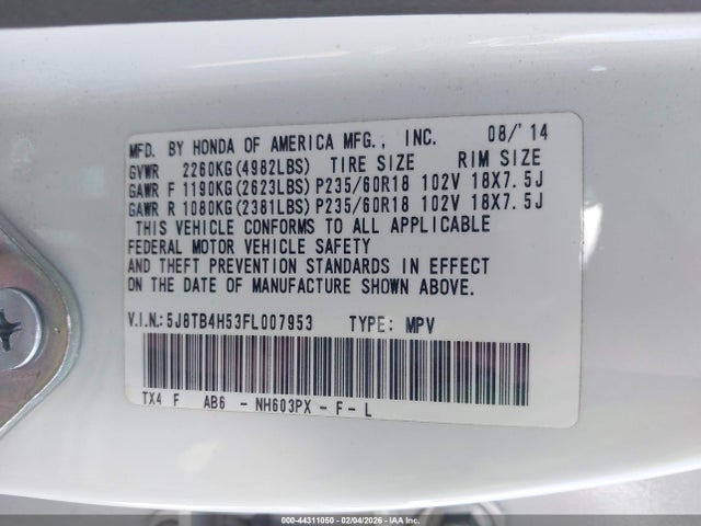 44311050 :رقم المزاد ، 5J8TB4H53FL007953 vin ، 2015 Acura Rdx مزاد بيع