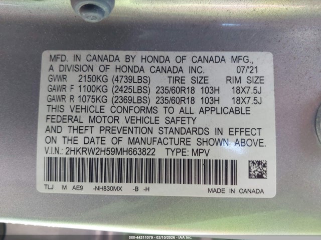 Продажа на аукционе авто 2021 Honda Cr-v Awd Ex, vin: 2HKRW2H59MH663822, номер лота: 44311079