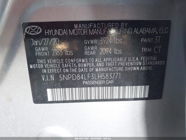 5NPD84LF3LH583771 Hyundai ELANTRA SEL