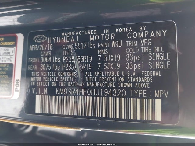 KM8SR4HF0HU194320 Hyundai Santa Fe Se Ultimate