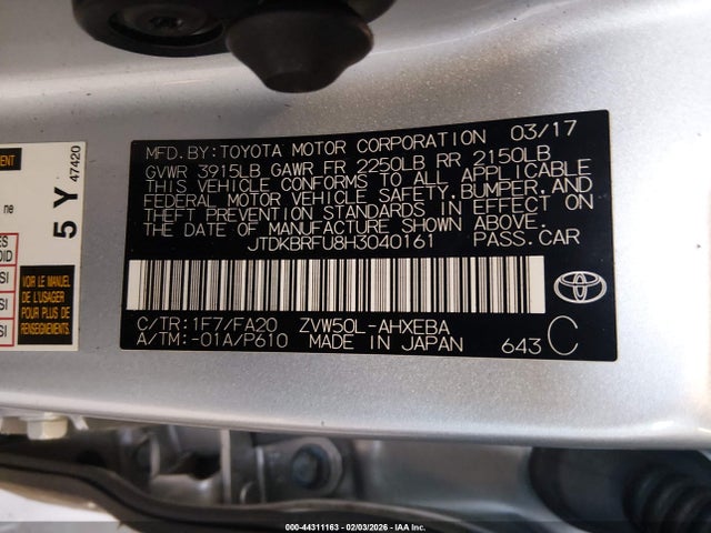 JTDKBRFU8H3040161 Toyota Prius Two