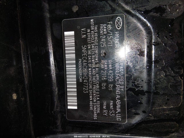 2011 Hyundai Sonata Se მანქანა იყიდება აუქციონზე, vin: 5NPEC4AC8BH247723, აუქციონის ნომერი: 44311172