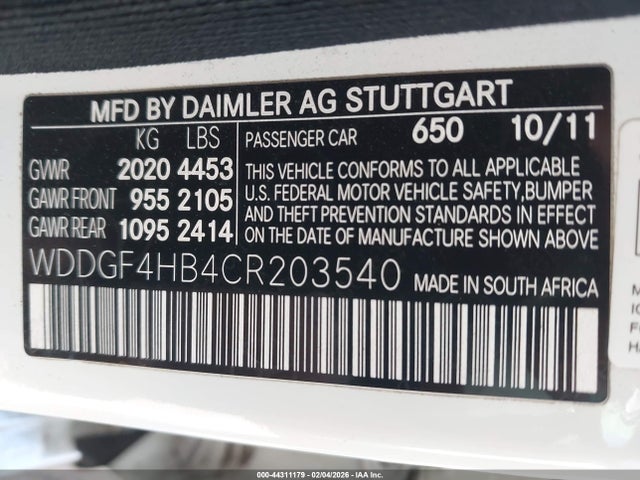 2012 Mercedes-benz C 250 Sport მანქანა იყიდება აუქციონზე, vin: WDDGF4HB4CR203540, აუქციონის ნომერი: 44311179